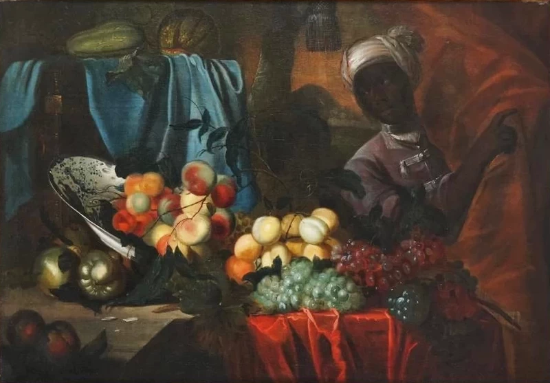 Natura morta con frutta e servo moresco - attribuito